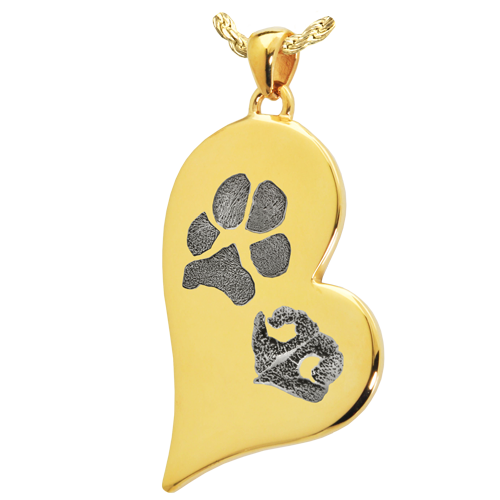 B&B Teardrop Heart Pawprint and Noseprint Pendant Cremation Jewelry-Jewelry-New Memorials-14K Solid Yellow Gold (allow 4-5 weeks)-No Chamber (flat)-Afterlife Essentials