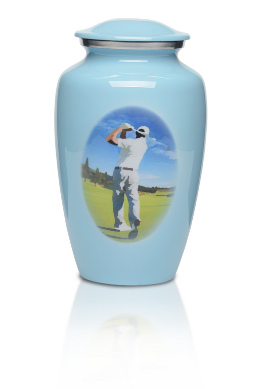 Affordable Alloy Cremation Urn in Blue with Golfer Design – Adult-Cremation Urns-Bogati-Afterlife Essentials