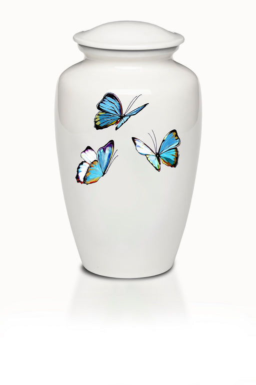 Affordable Alloy Cremation Urn in White with Blue Butterflies Design-Cremation Urns-Bogati-Afterlife Essentials