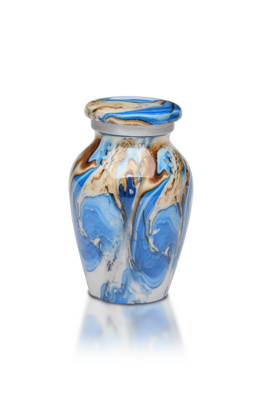 Affordable Alloy Cremation Urn in White, Blue and Brown Swirl Pattern – Keepsake-Cremation Urns-Bogati-Afterlife Essentials