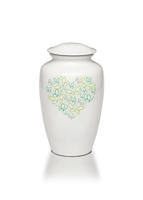 Affordable Alloy Adult Size Cremation Urn with Green Butterfly Heart-Adult Size-Cremation Urns-Bogati-Afterlife Essentials