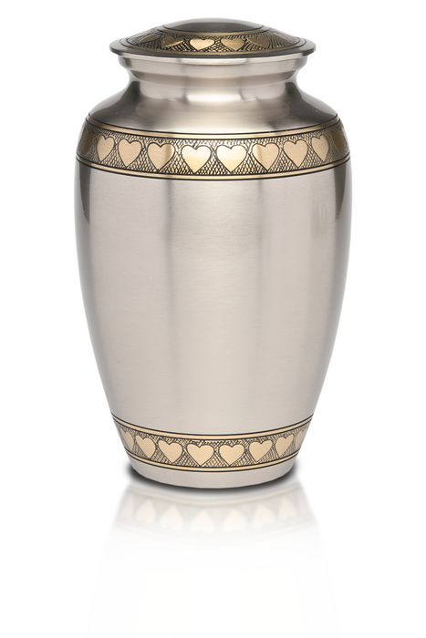 Brass in Brushed Pewter Finish with Golden Brass Hearts Adult 200 cu in Cremation Urn-Cremation Urns-Bogati-Afterlife Essentials