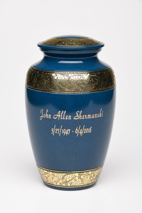 Classic Brass in Blue with Brass Bands Adult 200 cu in Cremation Urn-Cremation Urns-Bogati-Afterlife Essentials