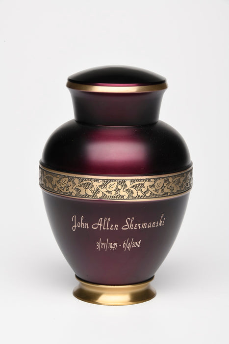 Dark Purple Brass with Golden Brass Band Adult 200 cu in Cremation Urn-Cremation Urns-Bogati-Afterlife Essentials