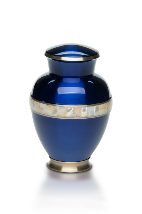 Jewel Tone Brass Cremation Urn with Mother of Pearl Band – Adult-Cremation Urns-Bogati-Blue-Afterlife Essentials