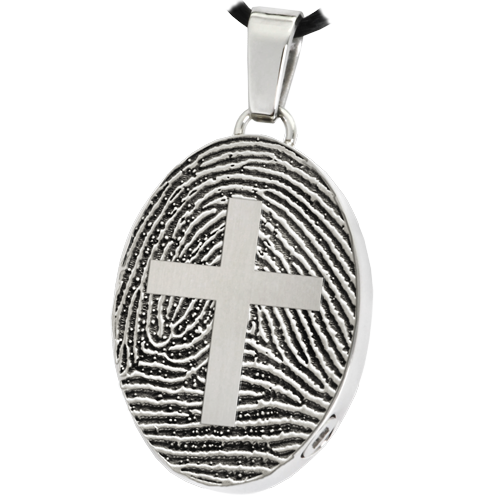 Oval Fingerprint with Cross Cremation Jewelry-Jewelry-New Memorials-Afterlife Essentials