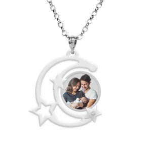 Moon Silhouette w/ Stars Photo Pendant and 1 Cubic Zirconia Jewelry-Jewelry-Photograve-Afterlife Essentials
