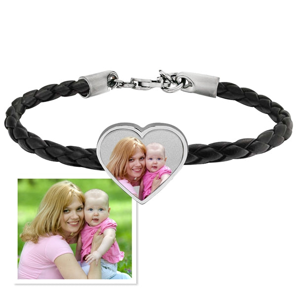 Photo Engraved Leather Rope Bracelet w/ Stainless Steel Heart Charm Jewelry-Jewelry-Photograve-Afterlife Essentials