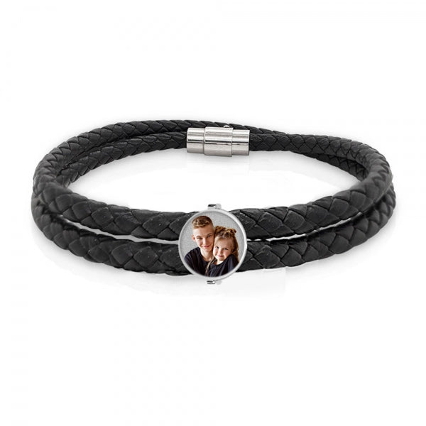 Photo Engraved Black Leather Rope Bracelet w/ Round Charm Jewelry-Jewelry-Photograve-Afterlife Essentials