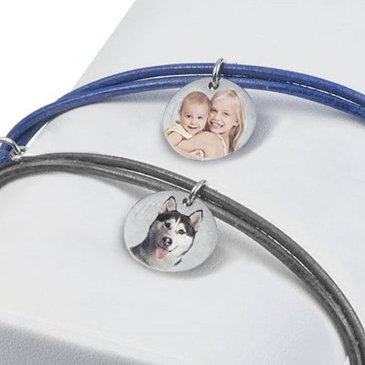 Sterling Silver Leather Rope Bracelet w/ Photo Engraved Charm Jewelry-Jewelry-Photograve-Afterlife Essentials