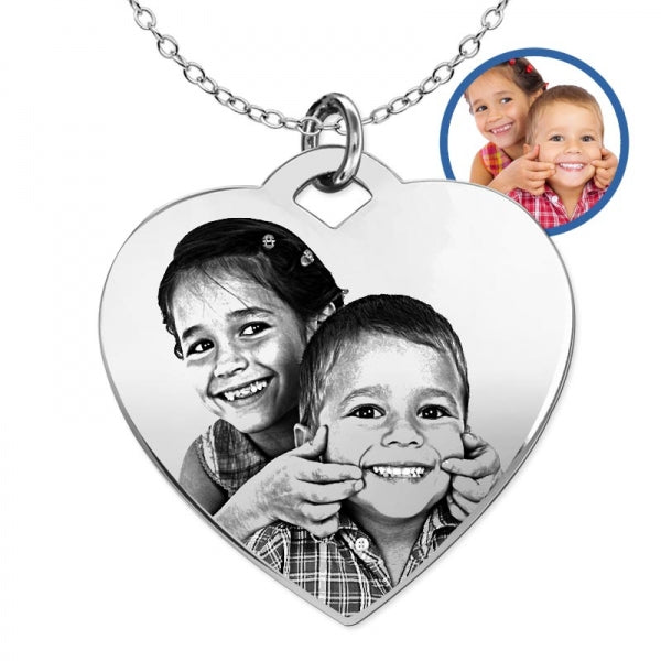 Antiqued Laser Carved Photo Heart Pendant with 18" Necklace-Jewelry-Photograve-Sterling Silver-1" X 1"-Afterlife Essentials