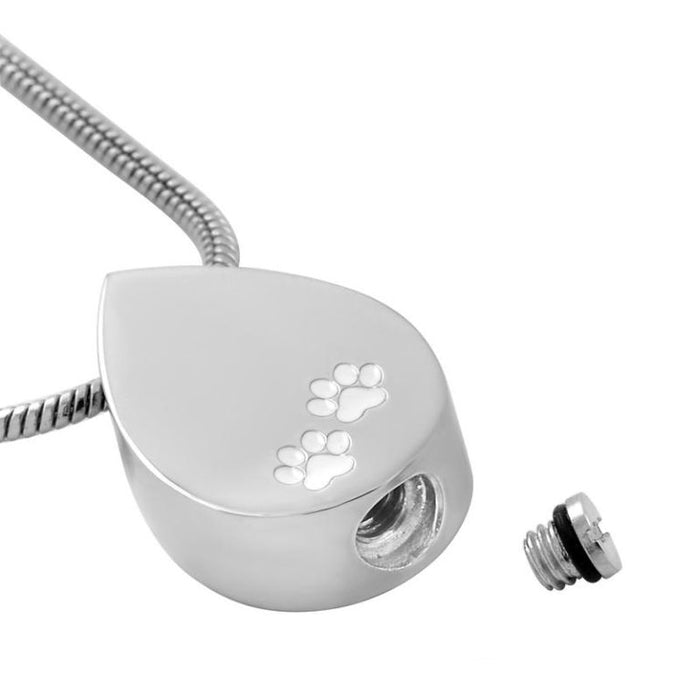 Stainless Steel Cremation Urn Pendant with Chain – Tear Drop with Paw Prints-Jewelry-Bogati-Afterlife Essentials