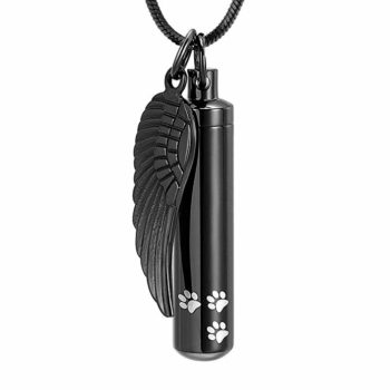 Stainless Steel Cremation Urn Pendant with Chain – Cylinder with Paw Prints and Angel Wing-Jewelry-Bogati-Black-Afterlife Essentials