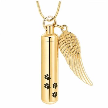 Stainless Steel Cremation Urn Pendant with Chain – Cylinder with Paw Prints and Angel Wing-Jewelry-Bogati-Gold-Afterlife Essentials