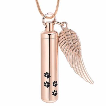 Stainless Steel Cremation Urn Pendant with Chain – Cylinder with Paw Prints and Angel Wing-Jewelry-Bogati-Rose Gold-Afterlife Essentials