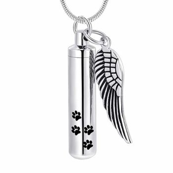 Stainless Steel Cremation Urn Pendant with Chain – Cylinder with Paw Prints and Angel Wing-Jewelry-Bogati-Silver-Afterlife Essentials