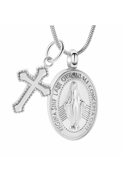 Virgin Mary and Cross- Pendant with Chain-Jewelry-Bogati-silver-tone-Afterlife Essentials