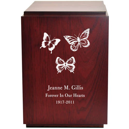 Classic Cherry Finish Wood With Engraved Butterflies 200 cu in Cremation Urn-Cremation Urns-New Memorials-Afterlife Essentials