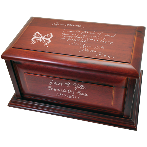 Cherry Wood Raised Panel Handwriting 240 cu in Cremation Urn-Cremation Urns-New Memorials-Afterlife Essentials