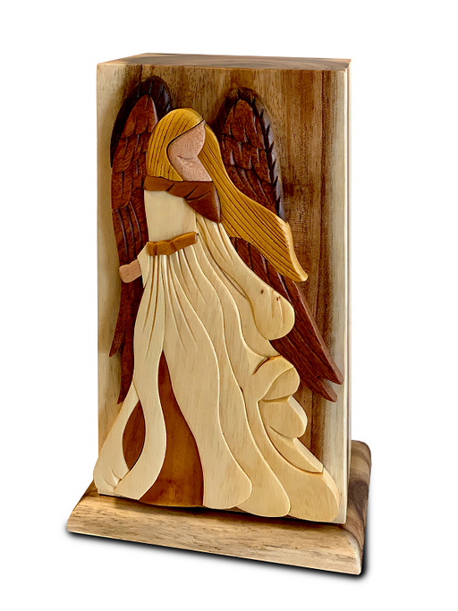 Oak, Black Walnut and Beech Woods Keepsake Urn with Winged Blonde Angel Design – V-Angel-Cremation Urns-Bogati-Afterlife Essentials