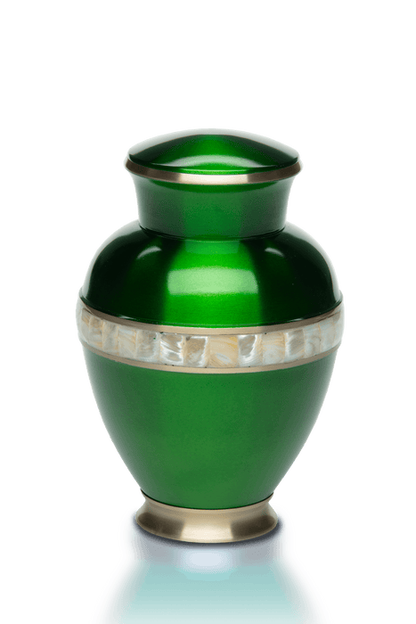 Jewel Tone Brass Cremation Urn with Mother of Pearl Band – Adult-Cremation Urns-Bogati-Green-Afterlife Essentials