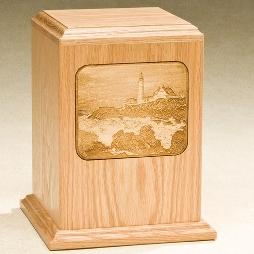 Grayscale Series with Lighthouse Design Solid Oak Wood 230 cu in Cremation Urn-Cremation Urns-Infinity Urns-Afterlife Essentials