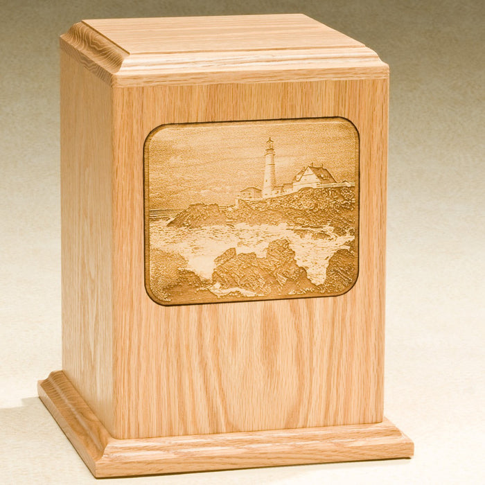 Grayscale Series with Lighthouse Design Solid Oak Wood 230 cu in Cremation Urn-Cremation Urns-Infinity Urns-Afterlife Essentials