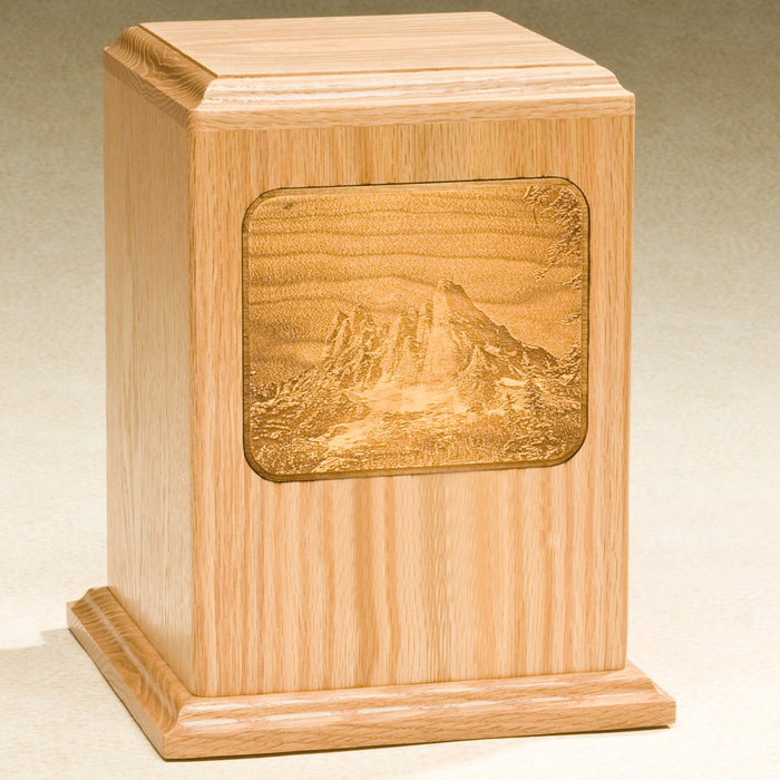 Grayscale Series with Mountain Design Solid Oak Wood 230 cu in Cremation Urn-Cremation Urns-Infinity Urns-Afterlife Essentials
