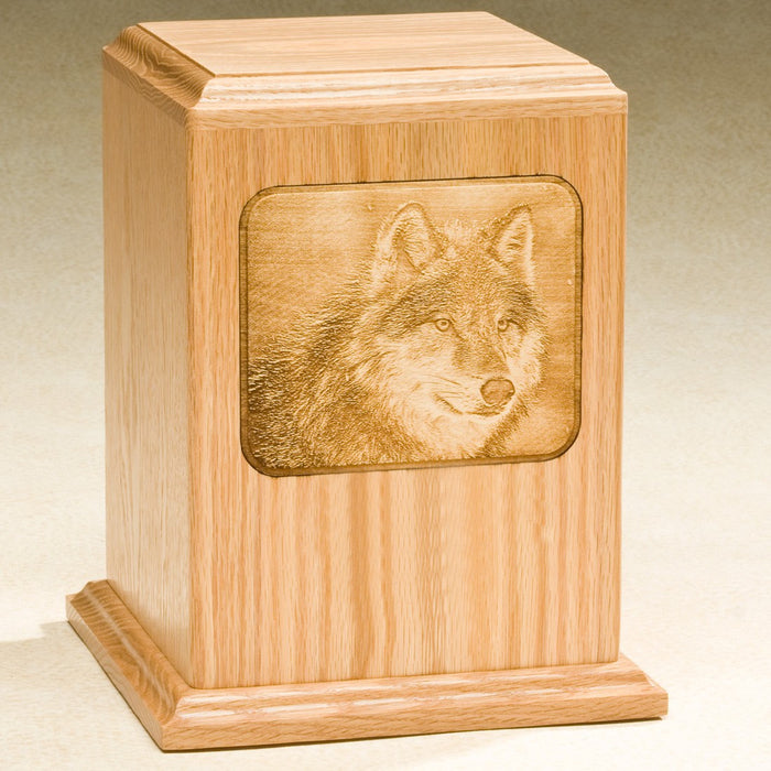 Grayscale Series with Wolf Design Solid Oak Wood 230 cu in Cremation Urn-Cremation Urns-Infinity Urns-Afterlife Essentials