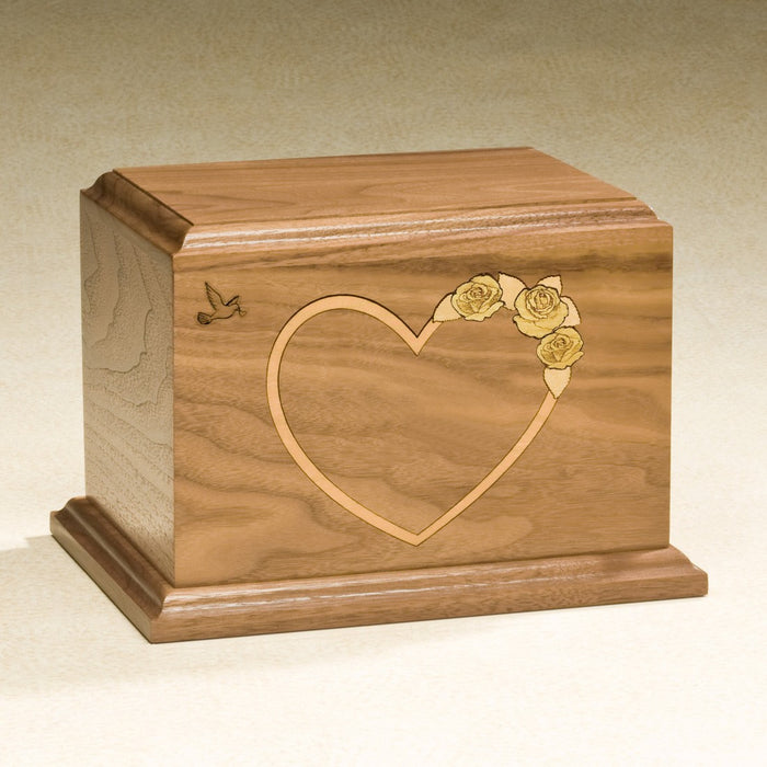 At Home In Our Hearts Yellow Rose Solid Walnut Wood Medium 52 cu in Cremation Urn-Cremation Urns-Infinity Urns-Afterlife Essentials