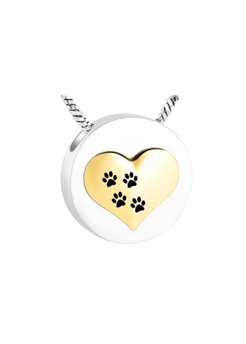 Silver Circle with Gold Heart and Paw Prints – Pendant with Chain-Jewelry-Bogati-Afterlife Essentials