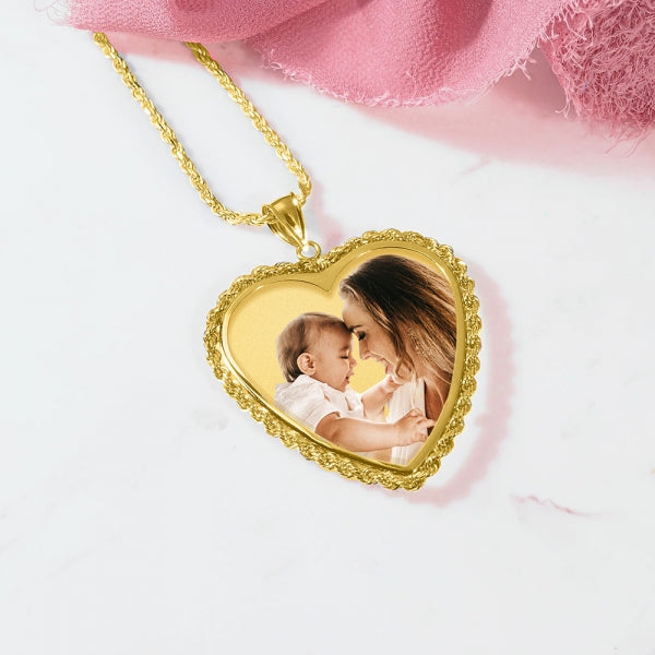 Large Heart w/ Rope Frame Photo Pendant Jewelry-Jewelry-Photograve-14K Yellow Gold-1 1/2" X 1 1/2"-Afterlife Essentials