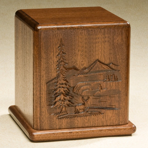 Relief Series Beautifully Carved Deer And Mountains On Mahogany Wood Adult 200 cu in Cremation Urn-Cremation Urns-Infinity Urns-Afterlife Essentials