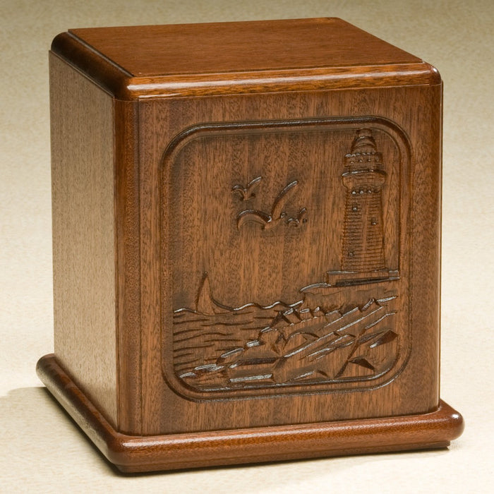Relief Series Beautifully Carved Seaside Lighthouse On Mahogany Wood Adult 200 cu in Cremation Urn-Cremation Urns-Infinity Urns-Afterlife Essentials